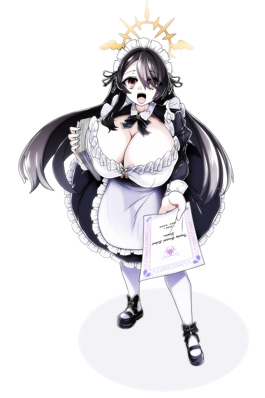 1girl absurdres alternate_costume apron black_dress black_hair blue_archive breasts dress enmaided frilled_apron frilled_dress frills hair_over_one_eye halo highres hinata_(blue_archive) holding holding_paper huge_breasts juliet_sleeves lazy_ant long_hair long_sleeves looking_at_viewer maid maid_apron maid_headdress paper puffy_sleeves purple_eyes short_dress solo very_long_hair waist_apron white_apron winged_halo yellow_halo