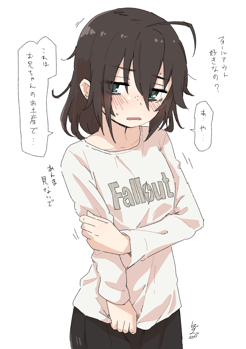 1girl ahoge alternate_costume bags_under_eyes black_hair black_skirt blush bob_(you-u-kai) breasts clothes_writing commentary_request freckles grabbing_own_breast green_eyes hair_between_eyes highres long_sleeves looking_at_viewer original shirt simple_background skirt solo speech_bubble white_background white_shirt