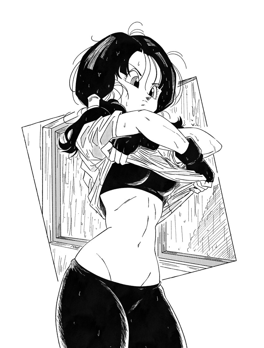 1girl absurdres arms_up black_gloves black_pants black_sports_bra closed_mouth commentary dragon_ball dragonball_z english_commentary from_side gloves greyscale highres indoors midriff monochrome navel pants rain roub3d screentones short_hair solo sports_bra taking_off_shirt tree twintails undressing upper_body videl water_drop wet wet_clothes wet_hair window