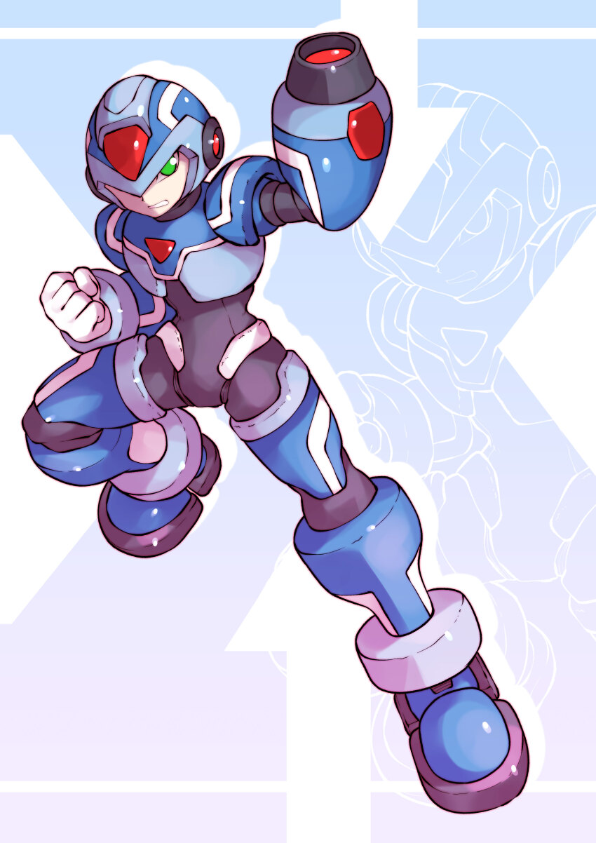 1boy absurdres arm_cannon armor blue_armor blue_helmet character_name chest_jewel clenched_hand forehead_jewel full_body helmet highres mega_man_(series) mega_man_x_(series) mega_man_zero_(series) shoutaro_saito solo_focus weapon x_(mega_man) zoom_layer