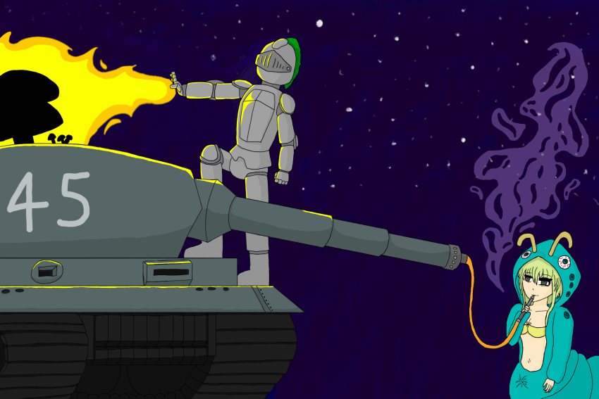 1boy 1girl armor arthropod_girl black_souls black_souls_2 bosske breasts caterpillar_girl cleavage drugs edelweiss_(band) full_armor gauntlets green_eyes green_hair grimm_(black_souls) hair_between_eyes helmet highres holding hood hood_up hookah knight magic medium_breasts military_vehicle motor_vehicle mushroom nffnsnc_(edelweiss) night numbered panzer_iv parody shisha_(black_souls) sidelocks sky star_(sky) tank
