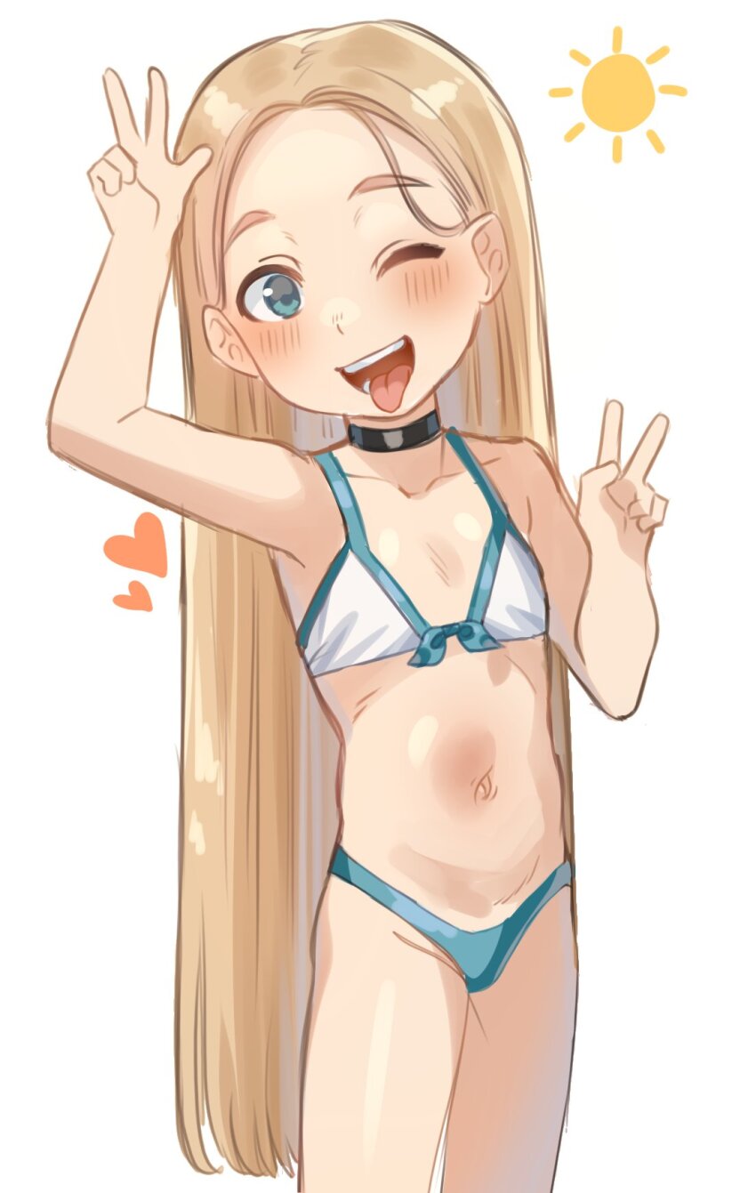 1girl arm_up bare_arms bare_shoulders bikini blonde_hair blush borrowed_character cowboy_shot double_v flat_chest forehead hand_up highres kipoki loli long_hair looking_at_viewer navel one_eye_closed open_mouth original sasha_(haguhagu) simple_background sketch smile solo stomach sun_symbol swimsuit tongue tongue_out v very_long_hair white_background
