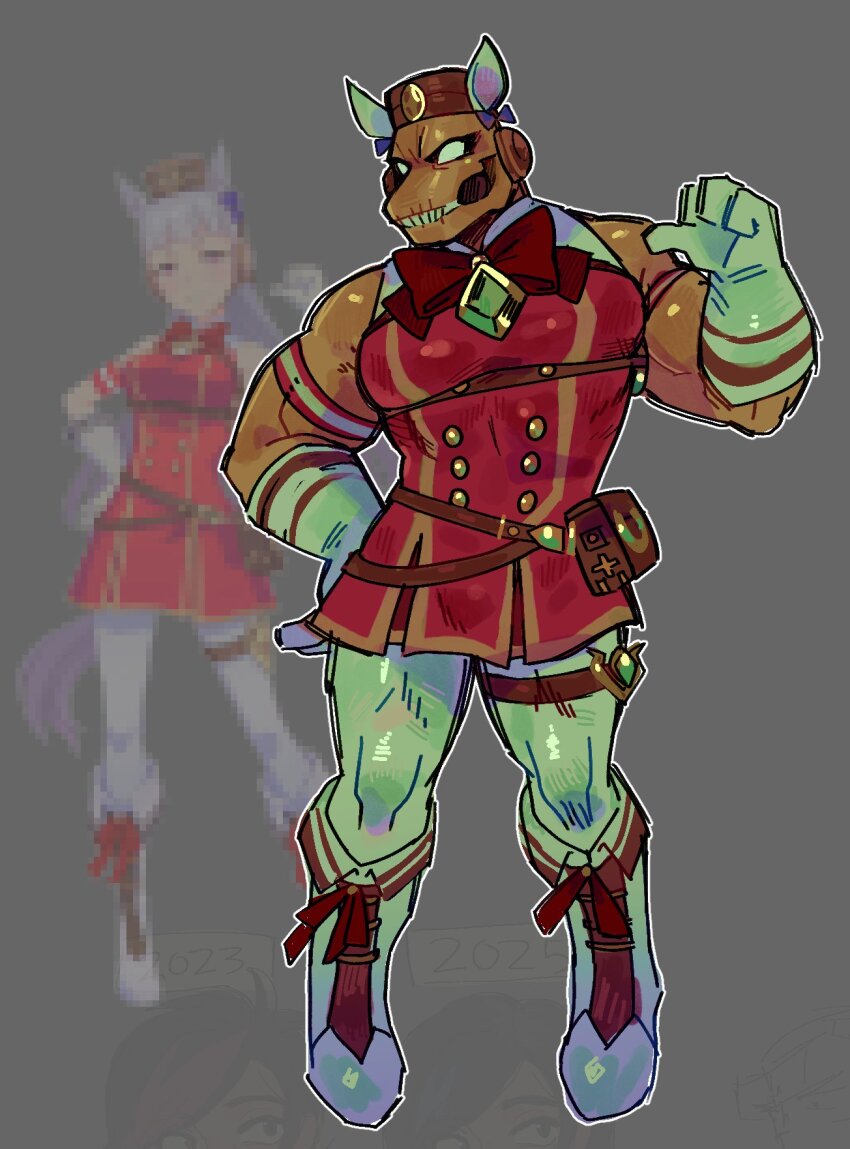 1boy alien animal_ears armband bald beta_ray_bill bow buttons censored colored_skin commentary cosplay crossdressing crossdressing_(mtf) crossover double-breasted dress ear_bow english_commentary fake_animal_ears gloves gold_ship_(red_strife)_(umamusume) gold_ship_(umamusume) gold_ship_(umamusume)_(cosplay) grey_background hand_on_own_hip highres horse_ears male_focus marvel mercysstrap mosaic_censoring muscular muscular_male no_pupils official_art_inset orange_skin pantyhose pillbox_hat pointing_with_thumb red_bow red_dress sleeveless sleeveless_dress solo striped_armband striped_clothes teeth thor_(marvel)_(series) trait_connection umamusume white_gloves white_pantyhose