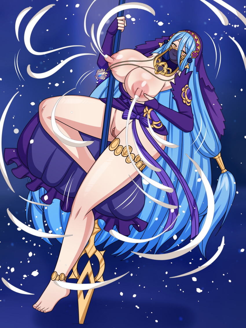 1girl azura_(fire_emblem) azura_(lady_of_ballads)_(fire_emblem) barefoot blue_hair breasts clitoris commission dancer dancer_outfit dancing female_focus fire_emblem fire_emblem_fates fire_emblem_heroes highres huge_breasts jewelry lactation large_areolae long_hair long_nipples looking_at_viewer loutani magic milk milk_stream milkbending mouth_veil nintendo nipples nude pendant perky_breasts pole pole_dancing princess puffy_nipples pussy pussy_juice snowflakes solo story_at_source stripper_pole tagme thick_thighs thighs veil very_long_hair wide_hips yellow_eyes