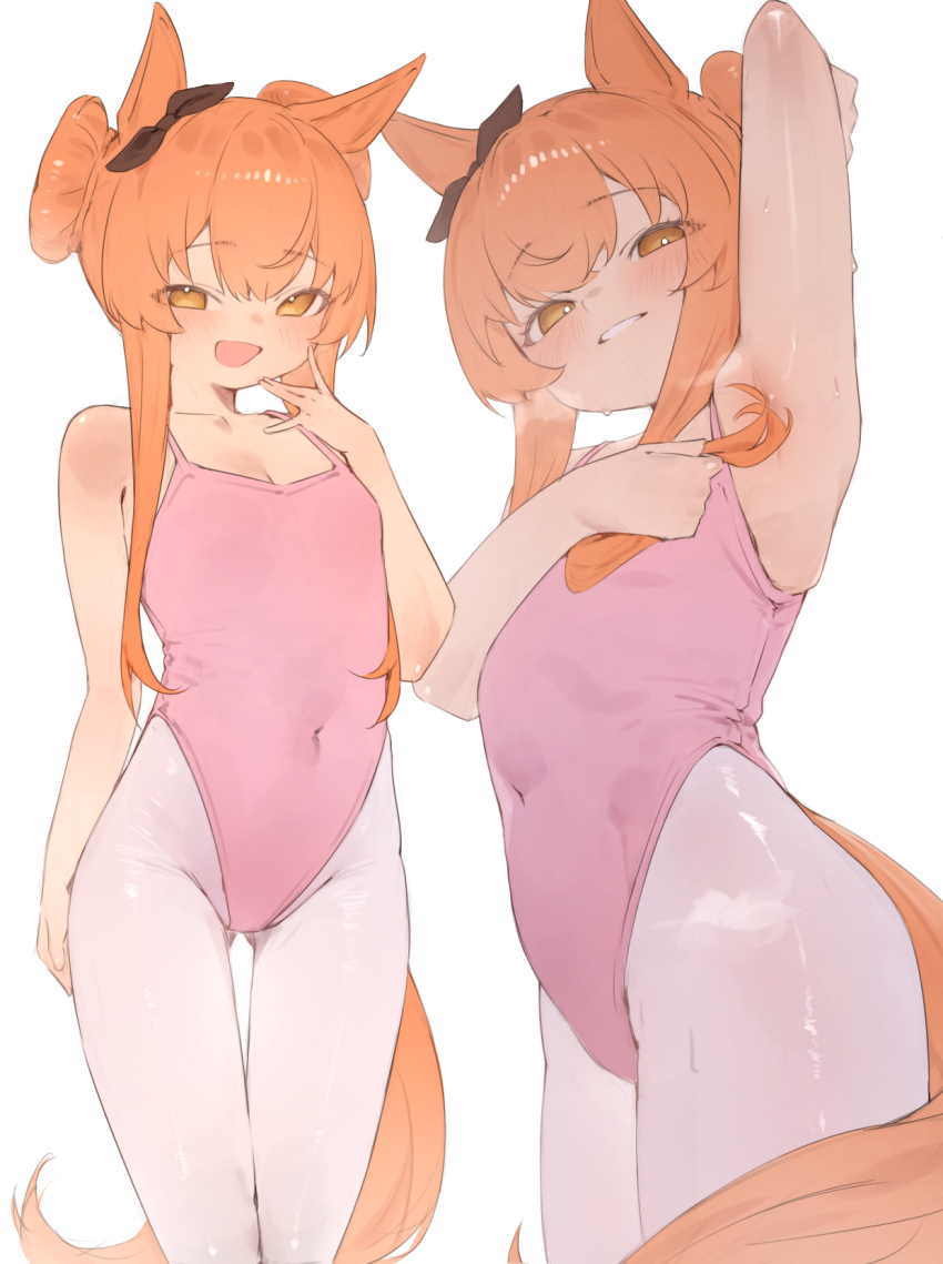 1girl :d alternate_hairstyle animal_ears arm_up armpit_focus armpits athletic_leotard ballerina ballet bare_shoulders blush bow breasts covered_navel cowboy_shot double_bun ear_bow ear_ornament ear_ribbon flat_chest from_below gluteal_fold grin hair_bun hand_up highleg highleg_leotard highres holding holding_own_hair horse_ears horse_girl horse_tail leotard loli long_hair looking_at_viewer mayano_top_gun_(umamusume) multiple_views open_mouth orange_eyes orange_hair orange_tail pantyhose pink_leotard presenting_armpit simple_background small_breasts smile standing steaming_body sweat tail thigh_gap umamusume white_background white_pantyhose xaea_xp