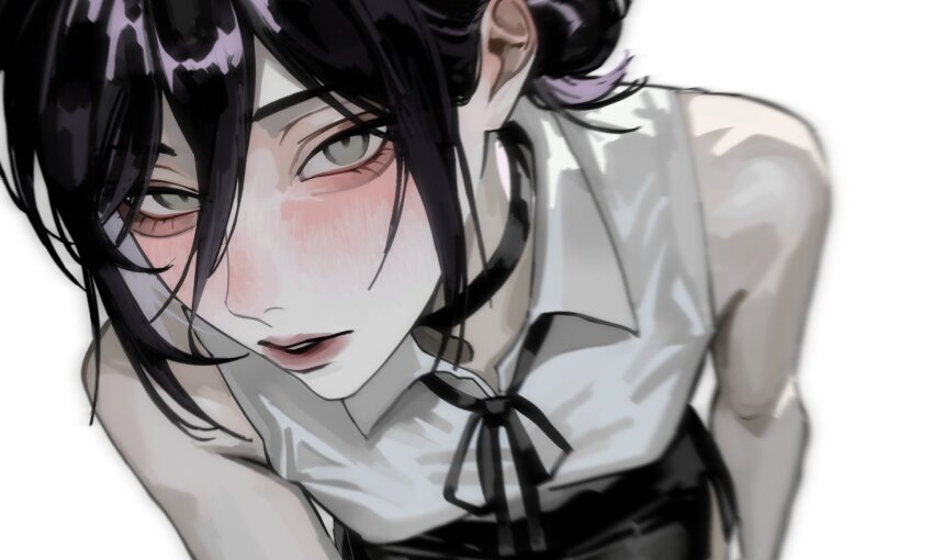 1girl 3icxjemhky66253 bare_arms bare_shoulders black_choker black_ribbon black_shorts blush breasts chainsaw_man choker grey_eyes hair_between_eyes hair_bun highres looking_at_viewer medium_breasts neck_ribbon parted_lips purple_hair reze_(chainsaw_man) ribbon shirt shorts sleeveless sleeveless_shirt solo updo white_background white_shirt