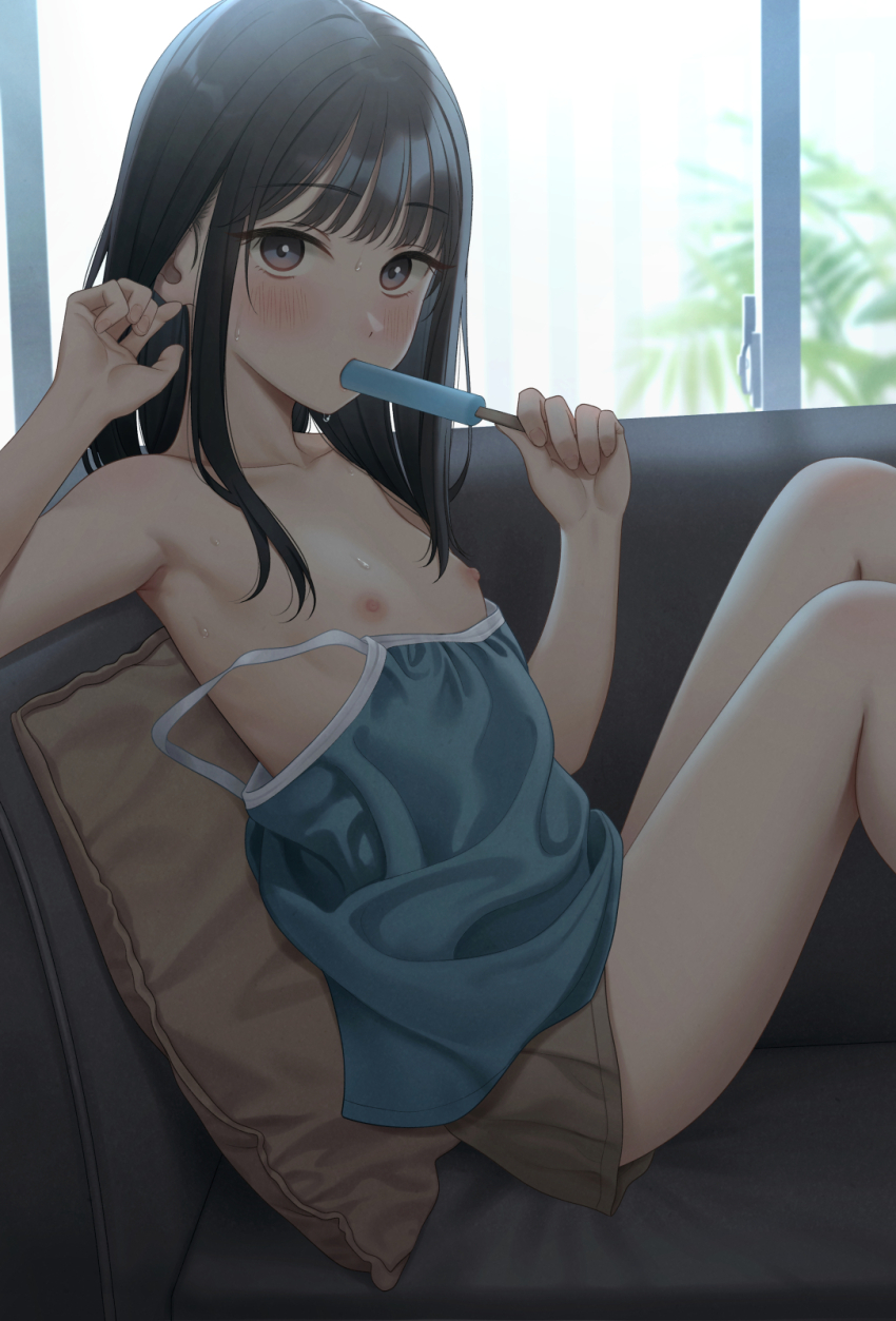 1girl black_eyes black_hair blue_camisole breasts brown_shorts camisole camisole_pull clothes_pull commentary_request couch food food_in_mouth hands_up highres holding holding_food holding_popsicle indoors knees_up loli long_hair nipples no_bra on_couch original pillow popsicle popsicle_in_mouth shorts sitting sleeveless small_breasts solo spaghetti_strap strap_slip sweat variant_set yukishima_momo