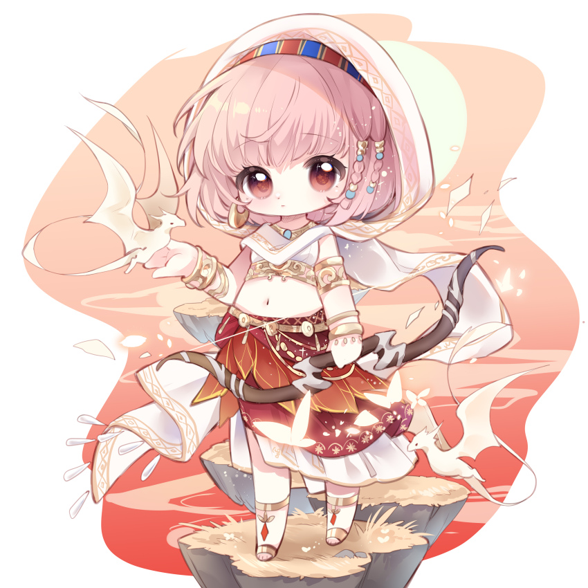 1girl absurdres anklet armlet bare_shoulders barefoot_sandals_(jewelry) beads belt blue_hairband border bow_(weapon) bracelet braid bug butterfly chibi chinese_commentary cloak closed_mouth commentary_request creature_on_hand crop_top dot_nose dragon earrings expressionless eyelashes floating_island full_body gold_anklet gold_armlet gold_belt gold_bracelet gold_earrings hair_beads hair_ornament hair_tubes hairband highres holding holding_bow_(weapon) holding_weapon hood hood_up hooded_cloak hoop_earrings infinity_nikki insect jewelry layered_skirt light_particles long_skirt midriff multicolored_hairband multiple_bracelets nikki_(nikki) nikki_(series) nuli_de_chengzhi_er outdoors pink_eyes pleated_skirt purifying_wind_(infinity_nikki) red_hairband red_skirt shirt side_braids skirt sleeveless sleeveless_shirt small_dragon solo standing sun sunset tareme twin_braids two-tone_hairband variant_set weapon white_border white_cloak white_shirt white_skirt wind