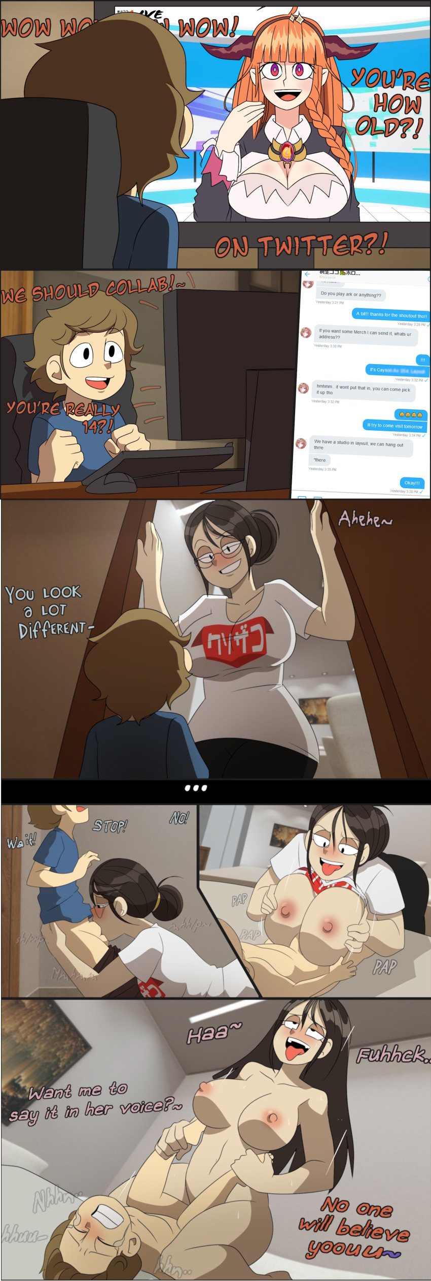 1boy 1girl absurdres age_difference asian bed bedroom begging breasts brown_hair cleavage cleavage_cutout clenched_teeth closed_eyes clothing_cutout collarbone comic completely_nude computer computer_keyboard cowgirl_position door doorway dragon_girl fellatio female_pervert femdom glasses hair_bun hetero highres holding_legs hololive horns interracial kiryu_coco kson large_breasts livestream long_hair monitor motion_lines nataissue navel nude onee-shota oral orange_hair original paizuri pervert ponytail rape rape_face red_eyes sex shirt short_hair shota side_ponytail smile sound_effects source_request straddling t-shirt talking teeth text_messaging tongue tongue_out twitter undressing vaginal virtual_youtuber