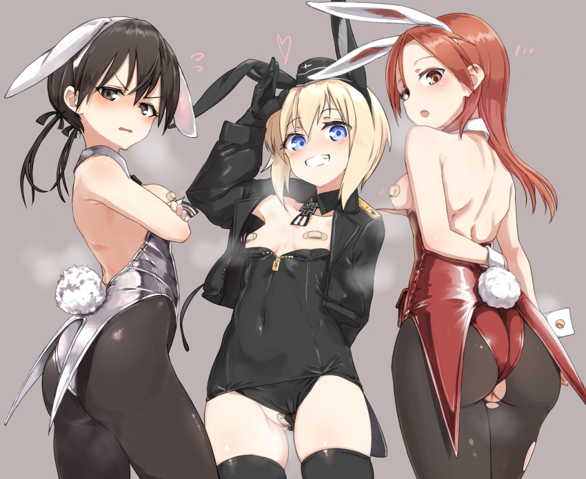 3girls alternate_costume animal_ears ass bandaid bandaid_on_pussy bandaids_on_nipples black_gloves black_jacket black_leotard black_pantyhose black_thighhighs blonde_hair blue_eyes braid breasts breasts_out brown_eyes brown_hair commentary_request cross erica_hartmann fake_animal_ears feet_out_of_frame gertrud_barkhorn gloves grey_leotard hand_on_own_hip happy hat highres insignia iron_cross jacket leotard long_hair looking_at_viewer looking_back medium_breasts military_hat minna-dietlinde_wilcke multiple_girls navel open_mouth pantyhose pasties playboy_bunny rabbit_ears rabbit_tail red_eyes red_hair red_leotard short_hair single_braid small_breasts smile standing strike_witches tail thighhighs torn_clothes twintails world_witches_series wrist_cuffs zafuri_(yzrnegy)