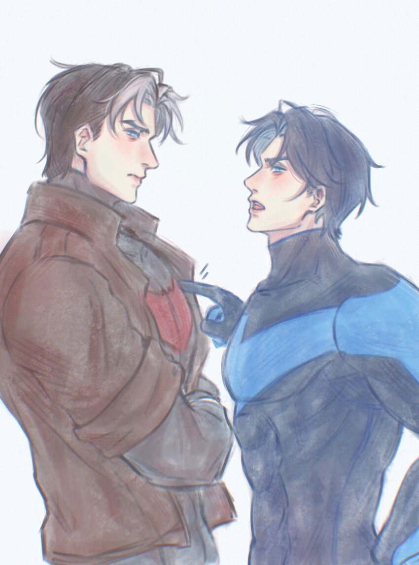 2boys bat_signal batman_(series) batman_symbol black_bodysuit black_gloves black_hair blue_eyes bodysuit brothers brown_jacket dc_comics dick_grayson gloves grey_bodysuit highres jacket jason_todd jiangchunwei7 male_focus multicolored_bodysuit multicolored_hair multiple_boys muscular muscular_male nightwing open_clothes red_hood_(dc) red_hood_and_the_outlaws shirt short_hair siblings superhero_costume taut_bodysuit two-tone_bodysuit two-tone_hair