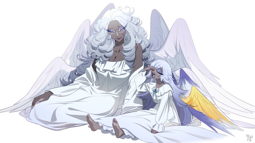 2girls angel angel_wings barefoot black_lips breasts cleavage closed_eyes colored_sclera colored_skin commentary_request dark-skinned_female dark_skin drill_hair emily_(hazbin_hotel) eyeshadow feathered_wings freckles golden_wings grey_sclera grey_skin hazbin_hotel hellaverse highres huge_breasts korean_commentary long_eyelashes long_hair looking_at_another makeup messy_hair multiple_girls multiple_wings nallali_nal nightgown open_mouth prosthetic_wing sera_(hazbin_hotel) siblings sisters sitting smile tall_female under_covers very_long_hair waking_up white_eyes white_nightgown wings yawning