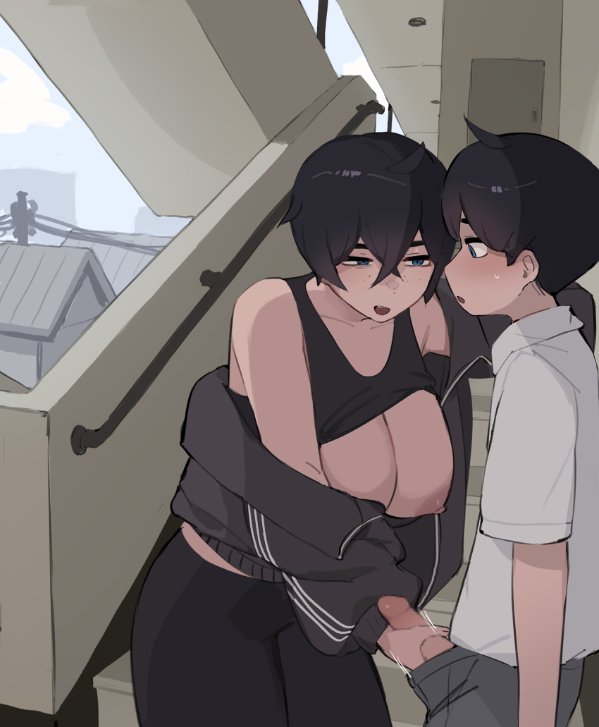 1boy 1girl age_difference ahoge akiyama_yuto_(pepper0) aunt_and_nephew black_hair black_jacket blue_eyes breasts censored handjob hetero highres incest jacket large_breasts miyamoto_chihiro_(pepper0) mosaic_censoring motion_lines nipples onee-shota open_mouth original outdoors penis pepper0 shirt short_hair shota stairs track_jacket white_shirt