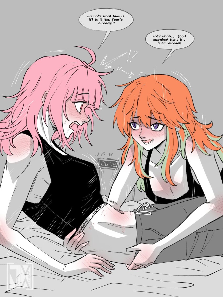 2girls alternate_costume blush breasts collarbone commentary couple earrings english_text eye_contact feather_earrings feathers green_hair highres hololive hololive_english jasper_xandros jewelry large_breasts long_hair looking_at_another mori_calliope multicolored_hair multiple_girls navel open_mouth orange_hair pink_hair purple_eyes smile sports_bra takanashi_kiara virtual_youtuber yuri