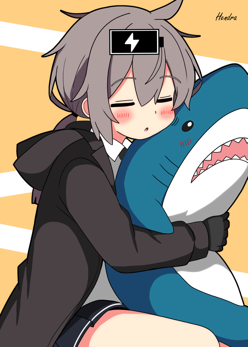 1girl absurdres battery_indicator black_gloves closed_eyes commentary_request girls'_frontline gloves hendra highres hugging_object jacket m200_(girls'_frontline) open_mouth shirt skirt solo stuffed_animal stuffed_shark stuffed_toy