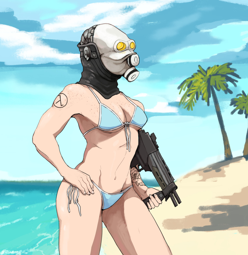 1girl absurdres arm_tattoo beach bikini blue_bikini breasts cleavage commentary cowboy_shot english_commentary flower_tattoo freckles gas_mask gun half-life half-life_(series) half-life_2 hand_on_own_hip highres holding holding_gun holding_weapon lambda_symbol mask metrocop navel palm_tree side-tie_bikini_bottom solo submachine_gun swimsuit tattoo tree vince_(78918869) weapon