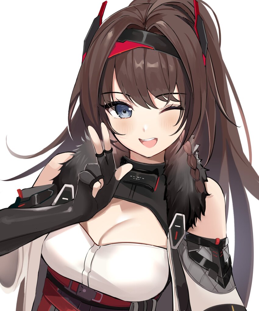 1girl aether_gazer bare_shoulders black_gloves blue_eyes blush braid breasts brown_hair cleavage_cutout clothing_cutout commentary detached_sleeves english_commentary eyes_visible_through_hair fingerless_gloves fur_trim gloves hand_up headgear highres long_hair looking_at_viewer medium_breasts one_eye_closed open_mouth ry_thae side_braid simple_background smile solo teeth upper_body upper_teeth_only verthandi_(aether_gazer) w white_background