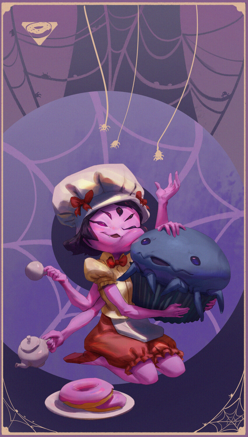 1girl absurdres alternate_costume animal_hands arm_at_side arthropod arthropod_girl arthropod_limbs baking bare_arms bare_shoulders beach bikini black_eyes black_hair black_sclera blunt_bangs blush bra braid breasts bug cheek_press cheek_squash chef chef_hat closed_eyes coat colored_sclera colored_skin crossed_arms cup cupcake donut extra_arms extra_eyes extra_pupils fangs fangs_out food full_body half-closed_eyes hands_up happy hat highres holding holding_cup hug hugging_object insect_girl juliet_sleeves kneeling laughing light_blush long_sleeves muffet muffet's_pet multiple_hair_ribbons one_eye_closed open_mouth outdoors own_hands_together pants partially_shaded_face puffy_cheeks puffy_sleeves purple_background purple_skin red_bikini red_bra red_pants red_ribbon ribbon ripples sand seiza shaded_face shadow shirt short_hair shorts silk sitting slip-on_shoes small_breasts smile solo spider spider_girl spider_web spider_web_background spider_web_pattern spread_fingers standing swimsuit teacup triangle undertale underwear utdr_(toby_fox) yellow_shirt zeker_art