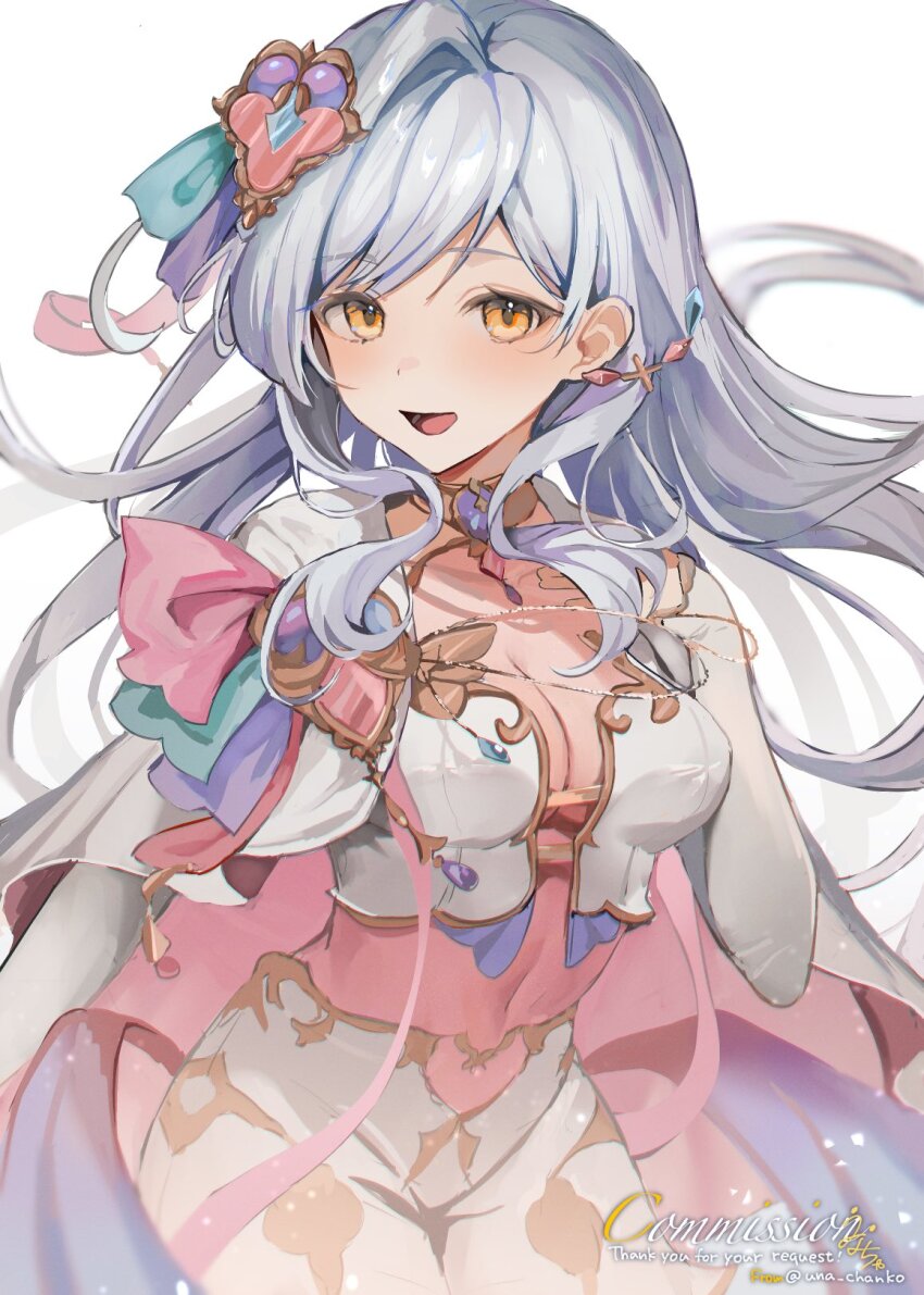 1girl allipaca breasts capelet cleavage commentary_request commission cropped_shirt earrings gold_trim hair_ornament highres indie_virtual_youtuber jewelry long_hair long_sleeves looking_at_viewer medium_breasts navel open_mouth shirt shorts simple_background single_earring skeb_commission smile solo unacha virtual_youtuber white_background white_capelet white_hair white_shirt white_shorts white_sleeves yellow_eyes