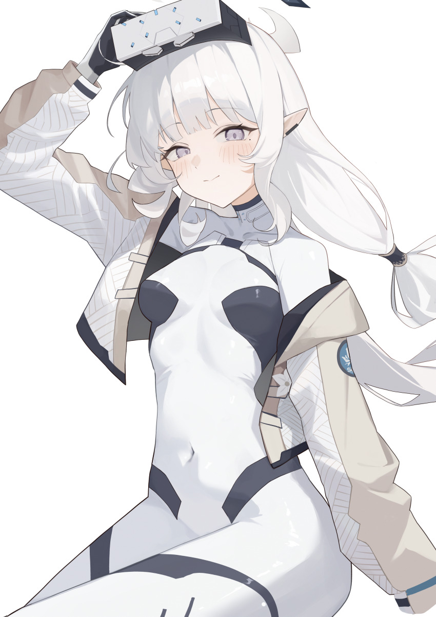 1girl absurdres adjusting_goggles blue_archive blush bodysuit breasts brown_jacket commentary_request covered_navel cowboy_shot gmi_(jimmyovob) halo head-mounted_display highres himari_(armed)_(blue_archive) himari_(blue_archive) invisible_chair jacket long_hair looking_at_viewer low_twintails mole mole_under_eye official_alternate_costume pointy_ears purple_eyes single_off_shoulder sitting small_breasts solo twintails white_background white_bodysuit white_hair