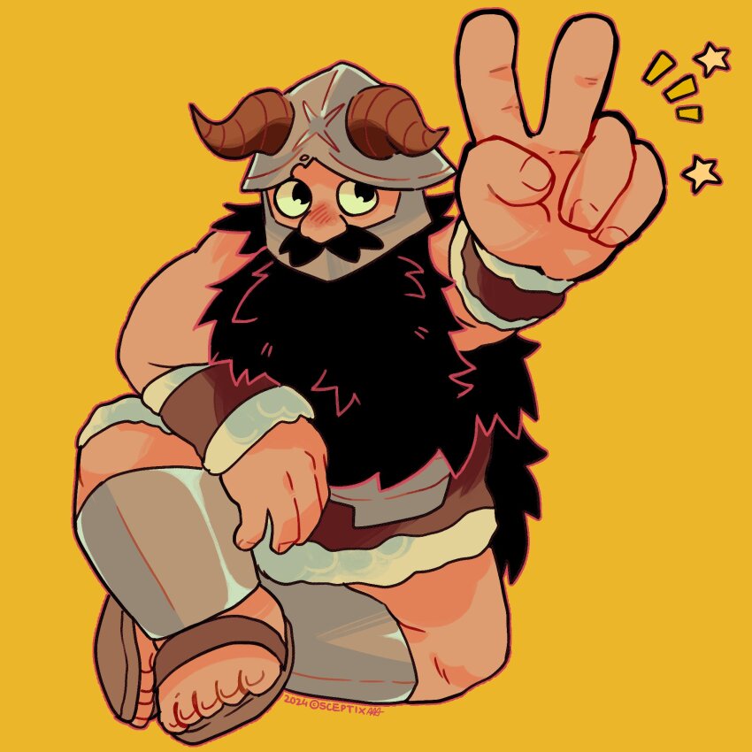 1boy beard dungeon_meshi dwarf facial_hair fake_horns foreshortening full_body helmet highres horned_helmet horns long_beard looking_at_viewer male_focus mustache sceptixfakemon senshi_(dungeon_meshi) sitting slippers solo sparkle thick_mustache v very_long_beard yellow_background