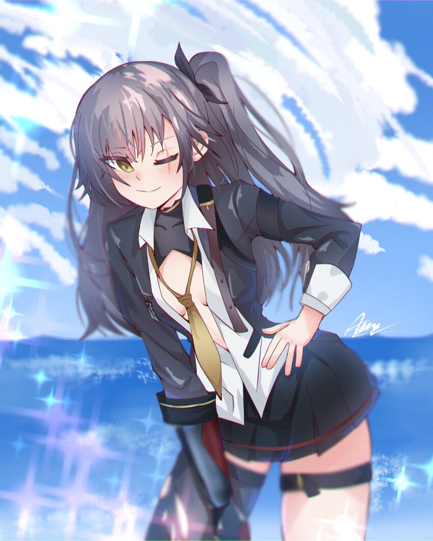 1girl anzsu black_hair black_jacket black_skirt black_thighhighs blue_sky blush breasts brown_hair closed_mouth cloud cloudy_sky collared_shirt commentary girls'_frontline girls'_frontline_2:_exilium hand_on_own_hip highres jacket leva_(girls'_frontline_2) long_hair looking_at_viewer loose_necktie mechanical_arms necktie one_eye_closed one_side_up open_clothes open_jacket partially_unbuttoned pleated_skirt prosthesis prosthetic_arm scar scar_across_eye scar_on_face shirt single_mechanical_arm single_thighhigh skirt sky small_breasts smile solo thigh_strap thighhighs torn_clothes torn_thighhighs ump45_(girls'_frontline) white_shirt yellow_eyes yellow_necktie