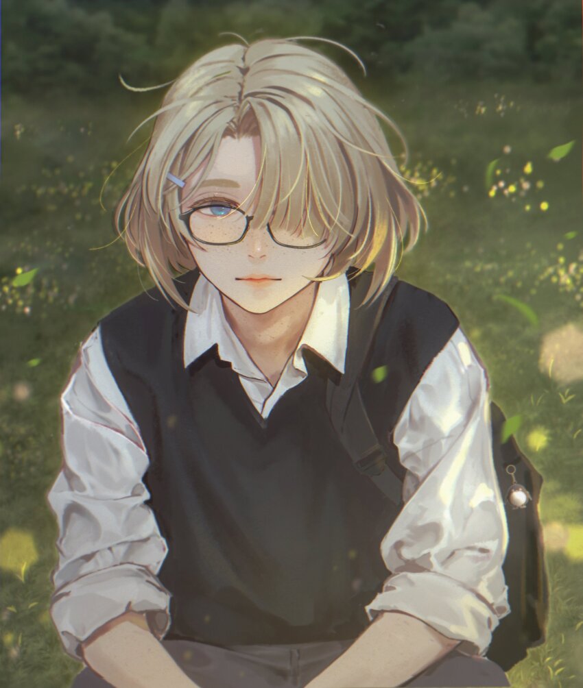 1boy absurdres alternate_costume black_vest blonde_hair blue_eyes closed_mouth collared_shirt freminet_(genshin_impact) genshin_impact glasses grass hair_over_one_eye highres looking_at_viewer male_focus outdoors pers_thepenguin shirt short_hair sitting solo vest white_shirt