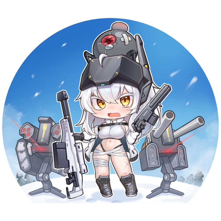 1girl bandages blush breasts cannon chibi chun_bae goddess_of_victory:_nikke gun hair_between_eyes head-mounted_display highres holding large_breasts long_hair looking_at_viewer mechanical_arms navel no_cape open_mouth rapture_(nikke) rifle simple_background single_mechanical_arm snow_white_(nikke) solo stomach visor_lift weapon white_hair yellow_eyes