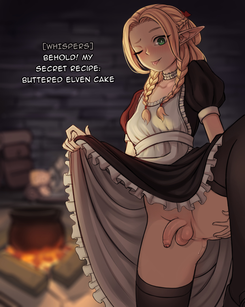 1futa anus apron black_thighhighs blonde_hair braid breasts cauldron clothes_lift dungeon_meshi elf fire flaccid futa_without_pussy futanari green_eyes half_up_braid highres liliacineris maid maid_apron marcille_donato no_panties one_eye_closed penis perineum pointy_ears side_braids skirt skirt_lift small_breasts spread_anus spreading_own_anus testicles thighhighs tongue tongue_out