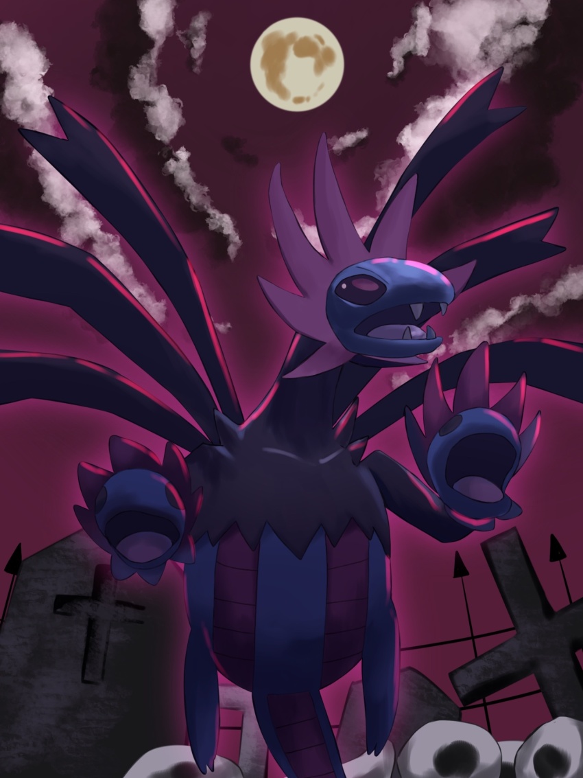 dragon fangs full_body full_moon gen_5_pokemon grave highres hydreigon midair moon multiple_heads night nintendo no_humans pokemon pokemon_(creature) pokemon_focus redamber334 solo