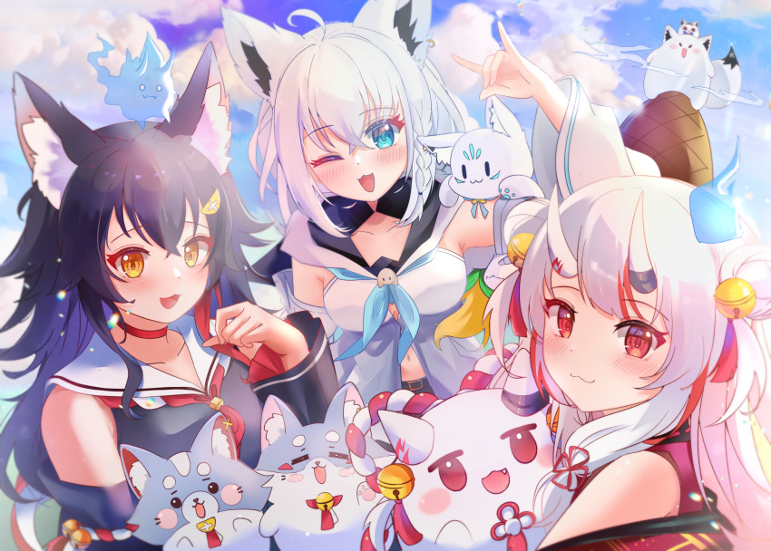 3girls :3 :d absurdres ahoge animal_ear_fluff animal_ears aqua_eyes bare_shoulders bell black_hair blue_sky braid breasts character_request cloud collarbone commentary dot_nose double_bun fox_ears fox_girl fubuzilla_(shirakami_fubuki) hair_between_eyes hair_between_horns hair_bun hair_ornament highres hololive karma_(nakiri_ayame) large_breasts long_hair looking_at_viewer midriff_peek miofa_(ookami_mio) miteiru_(shirakami_fubuki) multicolored_hair multiple_girls nakiri_ayame nakiri_ayame_(1st_costume) one_eye_closed oni ookami_mio ookami_mio_(1st_costume) open_mouth poyoyo_(nakiri_ayame) red_eyes red_hair rope shimenawa shirakami_fubuki shirakami_fubuki_(1st_costume) sky smile sukonbu_(shirakami_fubuki) symbol-only_commentary virtual_youtuber white_hair winexc wolf_ears wolf_girl yellow_eyes