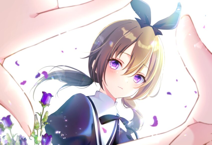 2girls assault_lily black_bow black_ribbon blush bow closed_mouth commentary falling_petals female_pov finger_frame floating_hair flower green_hair hair_between_eyes hair_bow highres light_particles light_smile long_hair low_twintails mizuha_(dreamchild_0504) multiple_girls neck_ribbon petals pov pov_hands puffy_sleeves purple_flower ribbon school_uniform simple_background solo_focus symbol-shaped_pupils twintails upper_body white_background yamanashi_hibari yurigaoka_girls_academy_school_uniform