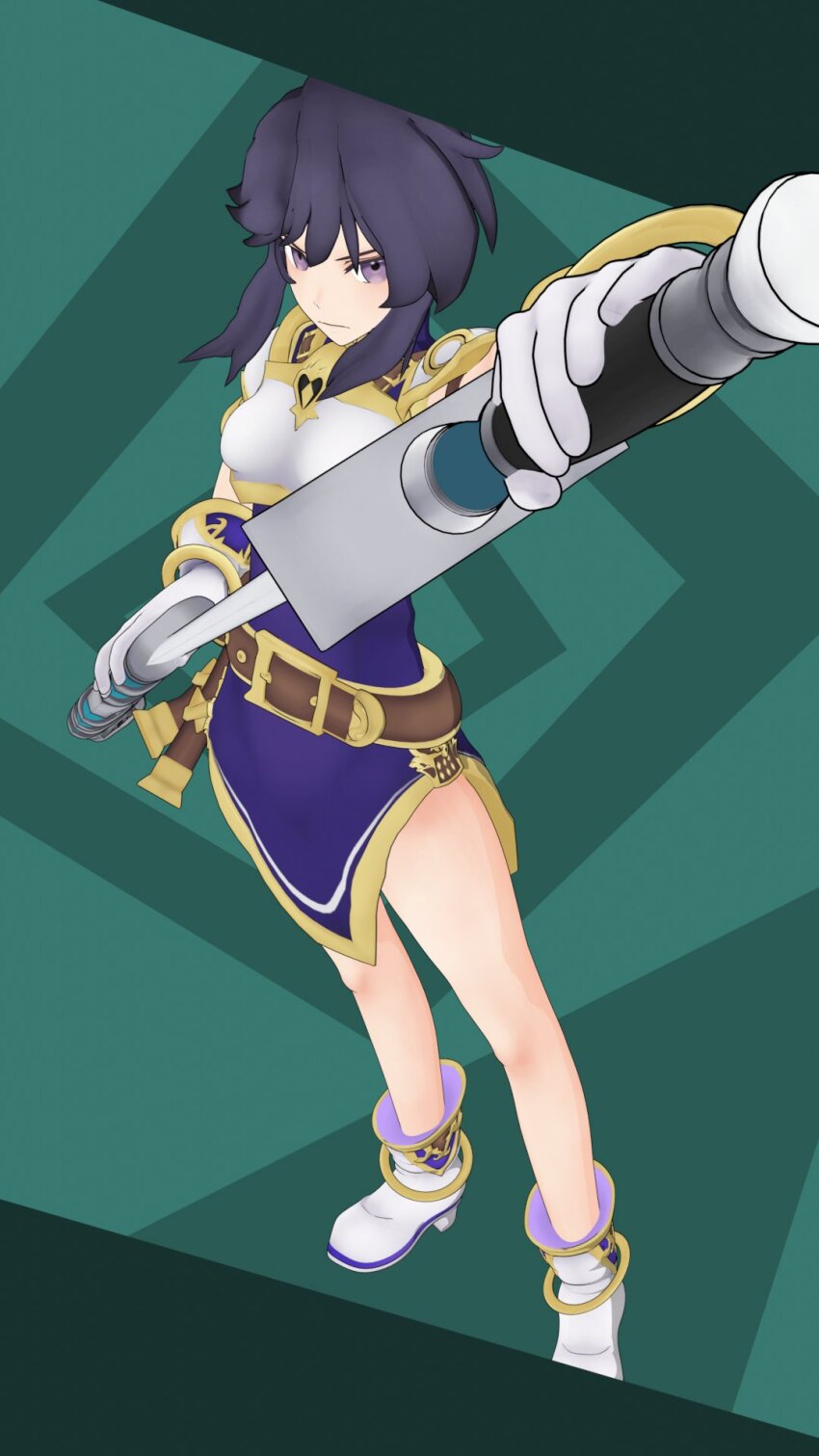 1girl 3d anklet armor bare_legs belt black_hair blender_(medium) boots bracelet breastplate breasts commentary commission commissioner_upload english_commentary fire_emblem fire_emblem:_genealogy_of_the_holy_war from_above gloves highres holding holding_sword holding_weapon jewelry larcei_(fire_emblem) looking_at_viewer looking_up nintendo purple_eyes purple_tunic serious sheath short_hair shoulder_armor sidelocks simple_background sleeveless small_breasts solo standing sword theheat tunic unsheathing weapon