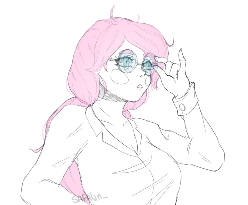 1girl adventure_time bags_under_eyes blue_eyes glasses highres lab_coat long_hair non-web_source pink_hair ponytail princess_bonnibel_bubblegum sketch white_background