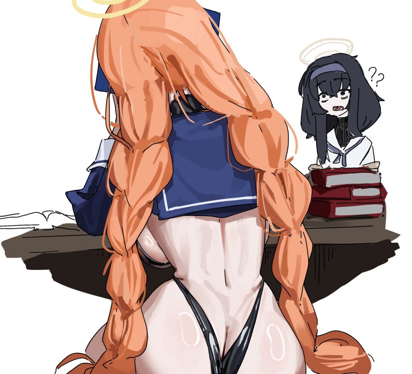 2girls ? ?? ass black_hair black_leotard blue_archive book book_stack breasts brown_halo butt_crack facing_away from_behind halo highres large_breasts leotard long_hair long_sleeves looking_at_another multiple_girls open_mouth orange_hair shimiko_(blue_archive) shimiko_(magical)_(blue_archive) sideboob simple_background solo_focus table tagua twintails ui_(blue_archive) very_long_hair white_background yellow_halo