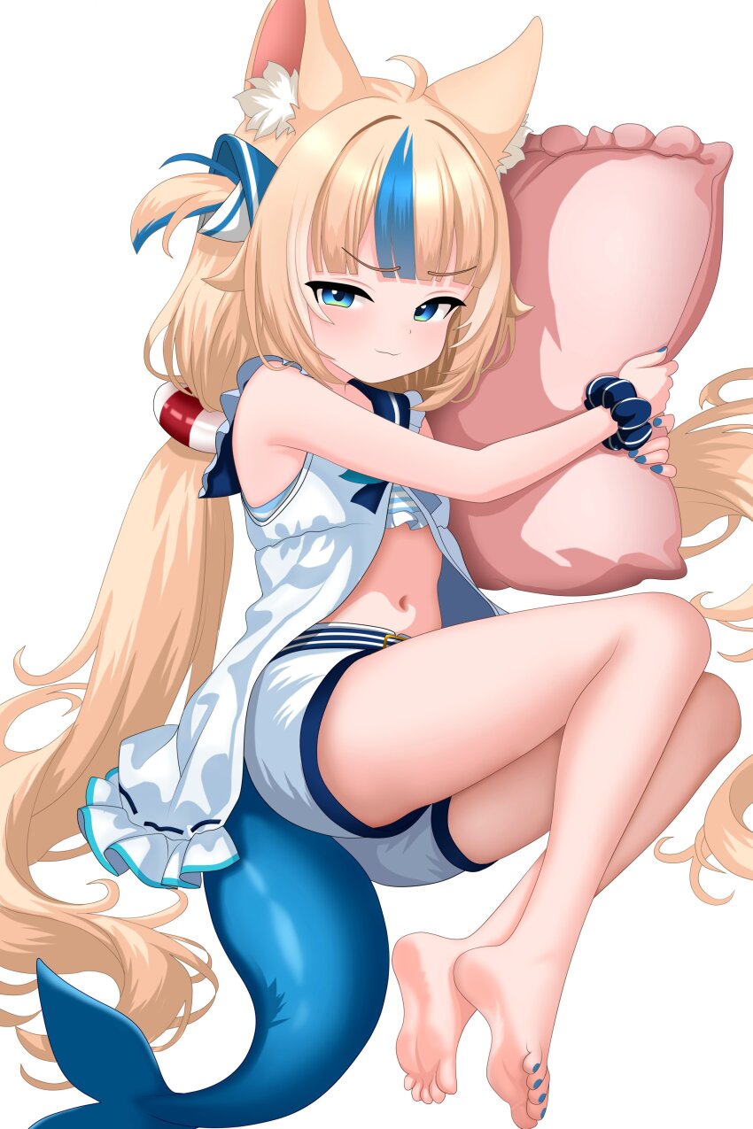 1girl absurdres ahoge animal_ear_fluff animal_ears ass barefoot bikini bikini_under_clothes blonde_hair blue_streaks cat_ears dress feet fins fish_tail furfik highres hugging_object indie_virtual_youtuber knees_up legs lifebuoy_hair_ornament long_hair low_twintails lying multicolored_hair nail_polish navel on_side one_side_up open_clothes open_dress pillow pillow_hug sameko_saba sameko_saba_(1st_costume) scrunchie short_shorts shorts sleeveless sleeveless_dress soles solo stomach streaked_hair striped_bikini striped_clothes swimsuit tail thighs toes twintails very_long_hair virtual_youtuber white_dress white_shorts wrist_scrunchie