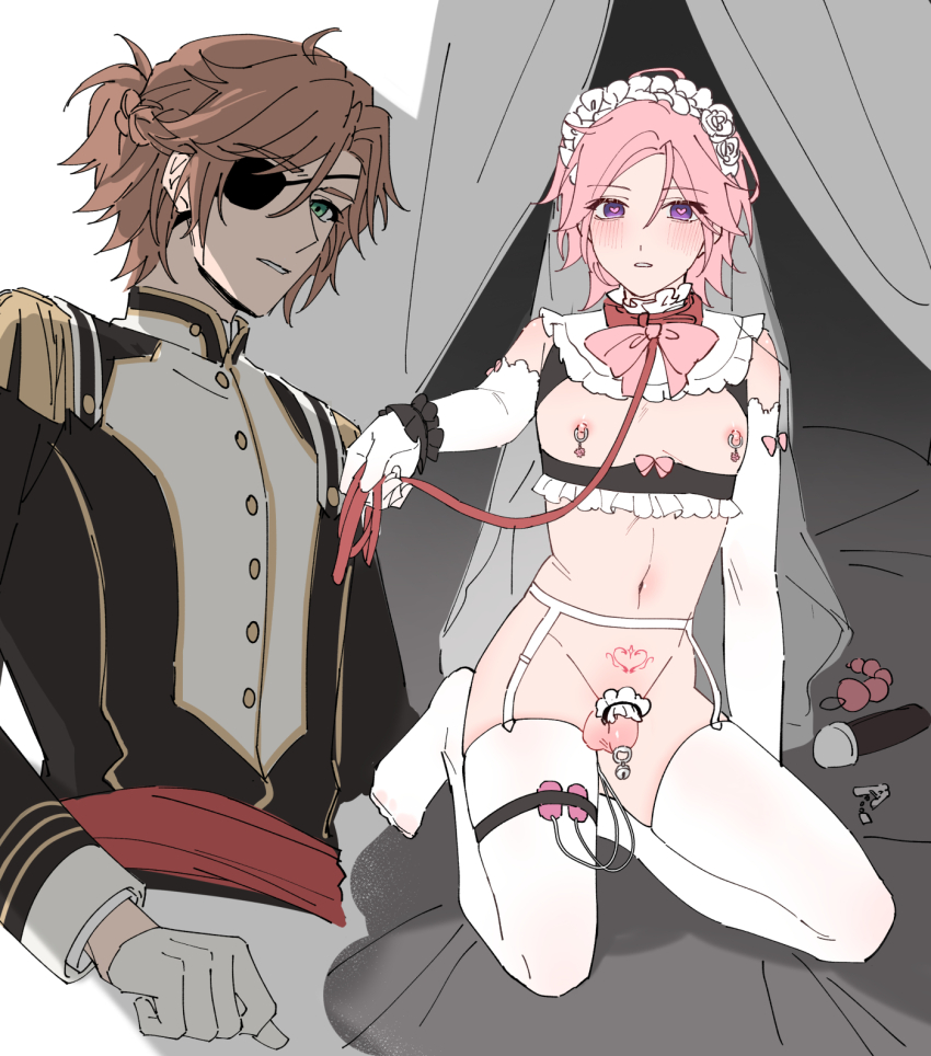 2boys anal anal_beads anal_object_insertion arm_support bare_shoulders bdsm bed_sheet bell belt_collar blush bow bowtie braid brown_hair buttons collar commentary cropped_torso crossdressing crossdressing_(mtf) curtains detached_collar elbow_gloves ensemble_stars! eyepatch flaccid flower flower_hairband folded_ponytail frilled_bracelet frilled_cock_ring frilled_collar frills full_body garter_belt glove_bow gloves green_eyes half_gloves half_up_braid heart heart-shaped_pupils heart_tattoo highres hitachi_magic_wand holding_own_leash jingle_bell kneeling long_sleeves looking_at_viewer male_focus male_penetrated mikejima_madara military_uniform multiple_boys multiple_views navel nipple_jewelry nipple_piercing nipple_rings nipples no_shoes nude object_insertion on_bed oukawa_kohaku outstretched_arm parted_lips penis piercing pink_bow pink_bowtie pink_hair pink_pupils pubic_tattoo purple_eyes red_collar red_leash ring_piercing sex_toy sheesixp short_hair small_penis small_testicles symbol-only_commentary symbol-shaped_pupils tattoo testicles thigh_strap thighhighs too_many too_many_sex_toys trap urethral_insertion vibrator vibrator_cord vibrator_in_thigh_strap white_flower white_garter_belt white_gloves white_thighhighs yaoi