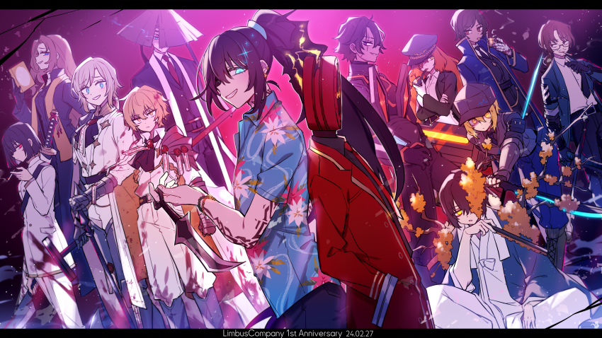 1other 6+boys 6+girls anniversary arm_tattoo back-to-back black_coat black_necktie blade_lineage_(identity)_(project_moon) blood blood_on_clothes blood_on_face blue_coat clock coat collared_shirt commentary_request dagger dante_(limbus_company) dated dieci_association_south_uniform don_quixote_(project_moon) e.g.o_(project_moon) english_text everyone faust_(project_moon) fire gold_trim gregor_(project_moon) grin hanbok hawaiian_shirt heathcliff_(project_moon) highres holding holding_dagger holding_knife holding_weapon hong_lu_(project_moon) ishmael_(project_moon) jacket knife korean_clothes lapels limbus_company lobotomy_corporation_(identity)_(project_moon) long_hair looking_at_viewer magic_bullet_(e.g.o) meursault_(project_moon) multiple_boys multiple_girls n_corp._fanatic_(identity)_(project_moon) necktie notched_lapels object_head orange_hair outis_(project_moon) pants pequod_(identity)_(project_moon) project_moon r.b._(identity)_(project_moon) r_corp._(identity)_(project_moon) red_coat rodion_(project_moon) ryoshu_(project_moon) shiki_(shikki46) shirt sinclair_(project_moon) sitting smile spicebush_(e.g.o) stole tattoo technology_liberation_alliance_(identity)_(project_moon) tingtang_gang_(identity)_(project_moon) very_long_hair weapon white_hanbok white_jacket white_pants white_shirt yi_sang_(project_moon) zwei_association_south_uniform