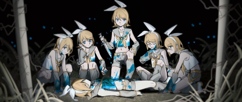 6+girls belt black_sailor_collar black_shorts blonde_hair blood blood_on_clothes blood_on_face blood_on_hands blood_on_leg blue_blood blue_eyes bow chain-link_fence clone closed_eyes closed_mouth commentary corpse cropped_shirt detached_sleeves exhausted fence hair_bow hair_ribbon hairband hand_up highres holding holding_knife holding_weapon kagamine_rin kneeling knife leaning_forward long_sleeves multiple_girls neckerchief open_mouth ribbon sailor_collar shirt short_hair shorts sitting sleeveless sleeveless_shirt smile squatting symbol-only_commentary vocaloid weapon white_bow white_hairband white_shirt wounds404 yellow_belt yellow_neckerchief
