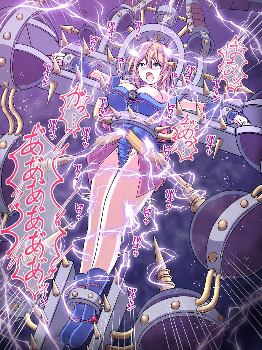 1girl absurdres baketsumuri blonde_hair blue_boots blue_eyes boots breasts byser_shock cleavage commentary_request crucifixion dark_magician_girl duel_monster electrocution green_eyes highres large_breasts long_hair no_headwear pelvic_curtain restrained ryona spikes translated vambraces yu-gi-oh!
