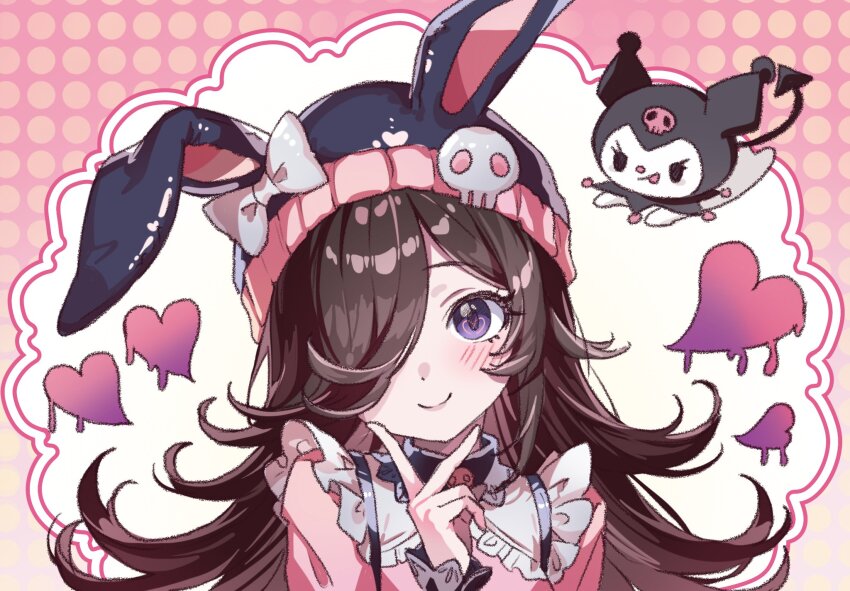 1girl animal_ears bin_ze_u blush brown_hair ears_through_headwear frilled_shirt frills hair_over_one_eye hashtag-only_commentary hat heart highres horse_ears horse_girl kuromi long_hair long_sleeves looking_at_viewer pink_shirt purple_eyes rice_shower_(umamusume) sanrio shirt skull smile tongue tongue_out umamusume upper_body v