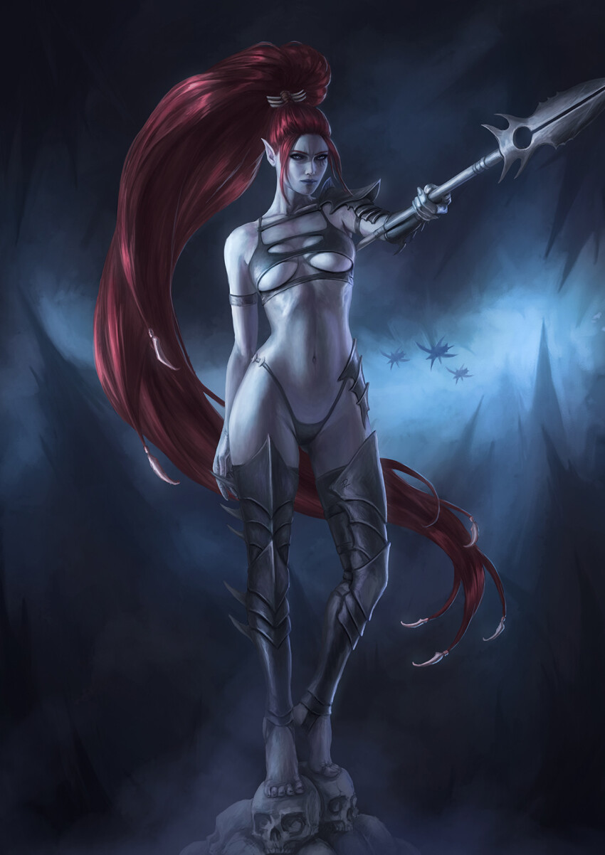 1girl armlet armor barefoot bikini blue_eyes blue_lips breasts captdiablo cleavage commentary dark dark_eldar dark_elf elf english_commentary eye_tattoo full_body helmet highres holding holding_polearm holding_weapon hot jewelry lelith_hesperax lips long_hair pale_skin pauldrons pile_of_skulls pointy_ears polearm ponytail red_hair shoulder_armor sidelocks single_pauldron skull solo spear spiked_armor spiked_legwear spikes swimsuit tattoo thighhighs toe_ring vambraces very_long_hair warhammer_40k warrior weapon