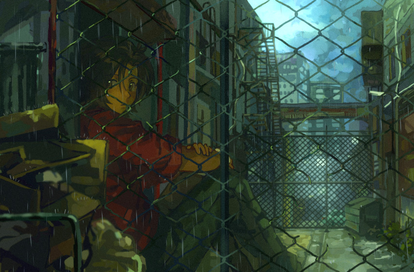 1boy alley box brown_eyes brown_hair cardboard_box chain-link_fence feet_out_of_frame fence green_pants highres looking_at_viewer male_focus mauvh outdoors pants rain sitting solo toboe_(wolf's_rain) urban wolf's_rain