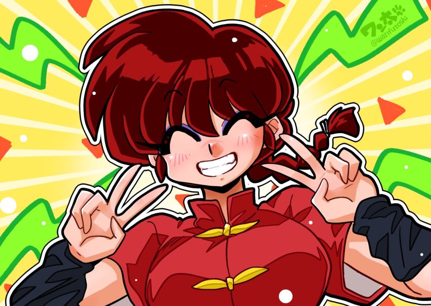1girl artist_name braid braided_ponytail breasts chinese_clothes closed_eyes double_v eyeshadow high_collar makeup ponytail ranma-chan ranma_1/2 red_hair saotome_ranma short_sleeves smile teeth v wanta_(futoshi)