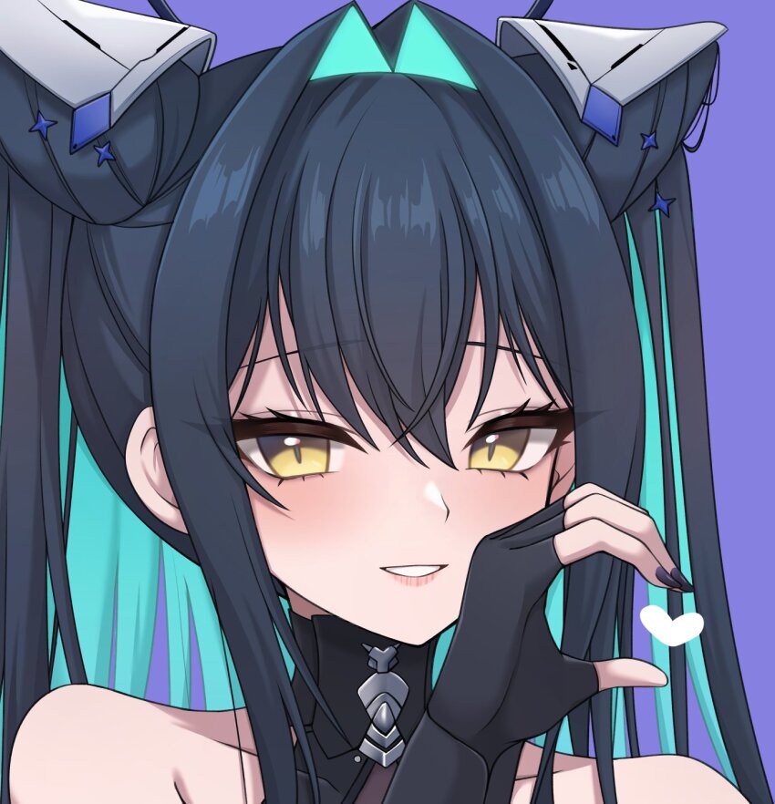 1girl aqua_hair bare_shoulders black_hair bodysuit chiji_komari commentary_request flower-shaped_hair goddess_of_victory:_nikke hair_intakes half-heart_hands highres honeycomb_(pattern) honeycomb_print little_mermaid_(nikke) long_hair looking_at_viewer multicolored_hair purple_background simple_background smile streaked_hair yellow_eyes