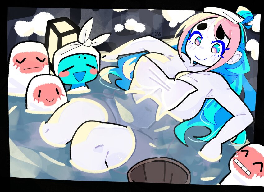 bathing blue-chan_(bourbunbun) blue_eyes blue_hair bourbunbun breasts bucket colored_eyelashes colored_skin covering_privates creature hair_bun highres large_breasts monkey multicolored_hair naked_towel nude_cover onsen original partially_submerged pink_eyes pink_hair rock shared_bathing short_eyebrows steam towel towel_on_head two-tone_hair water wet_towel white_skin wooden_bucket