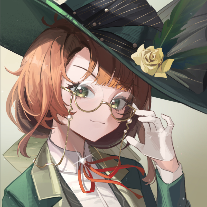 1girl :3 adjusting_eyewear bow brown_hair collared_shirt eyewear_strap feathers flower glasses glint gloves gradient_background green_eyes green_feathers green_hat green_jacket hair_bow hand_on_eyewear hand_up hat hat_feather hat_flower jacket kakania_(reverse:1999) kuroja looking_at_viewer neck_ribbon picture_hat red_ribbon reverse:1999 ribbon round_eyewear semi-rimless_eyewear shirt solo under-rim_eyewear upper_body white_gloves white_shirt yellow-framed_eyewear yellow_background yellow_bow yellow_flower