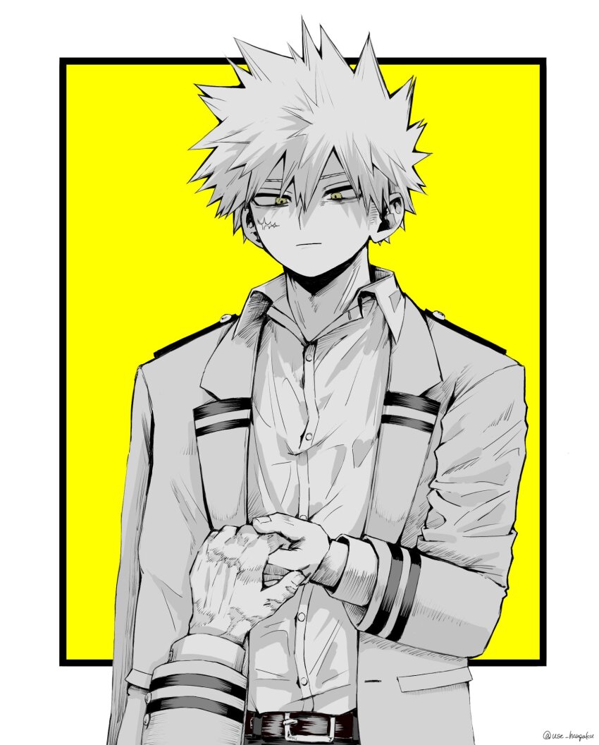 2boys bakugou_katsuki belt belt_buckle boku_no_hero_academia border buckle collared_shirt commentary_request double-parted_bangs facial_scar greyscale_with_colored_background hair_between_eyes highres holding_hands jacket lapels layered_sleeves long_sleeves male_focus midoriya_izuku multiple_boys multiple_scars notched_lapels open_clothes open_collar open_jacket open_shirt out_of_frame outside_border scar scar_on_cheek scar_on_face scar_on_hand school_uniform shirt shirt_tucked_in short_hair solo_focus spiked_hair u.a._school_uniform use_zeinuki