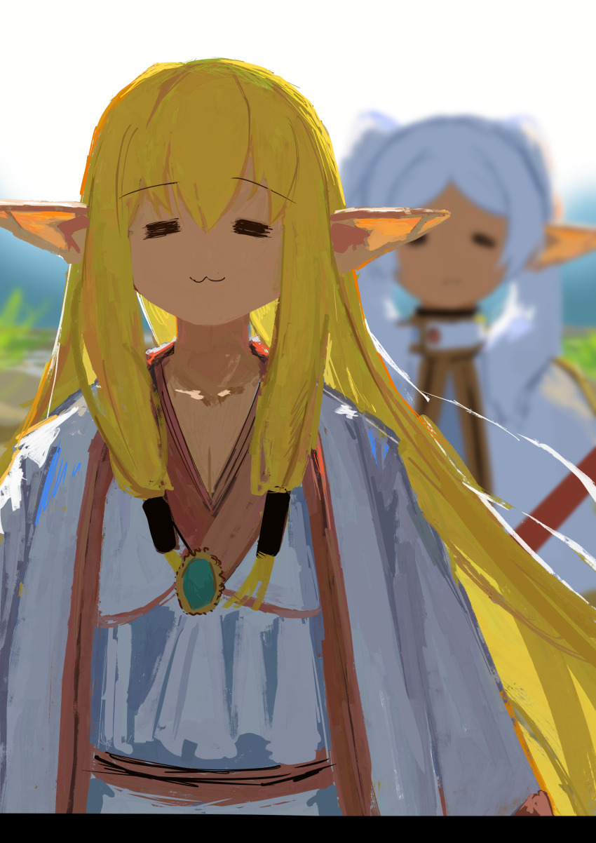 2girls :3 =_= absurdres blonde_hair blurry blurry_background chest_jewel closed_mouth commentary_request elf frieren hair_tubes highres jewelry koukouya long_hair multiple_girls pointy_ears serie_(sousou_no_frieren) sousou_no_frieren white_hair