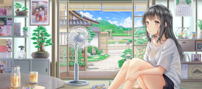 1girl absurdres aquarium black_shorts blush bonsai breasts brown_eyes calendar_(object) cloud cloudy_sky commentary_request electric_fan garden hand_fan highres ice_cream_bar medium_breasts on_floor open_mouth original paper_fan picture_frame road scenery see-through_clothes see-through_shirt shirt shorts sitting sky solo street summer sweatdrop table tatami thighs torii uki_(kiw_kiu) white_shirt